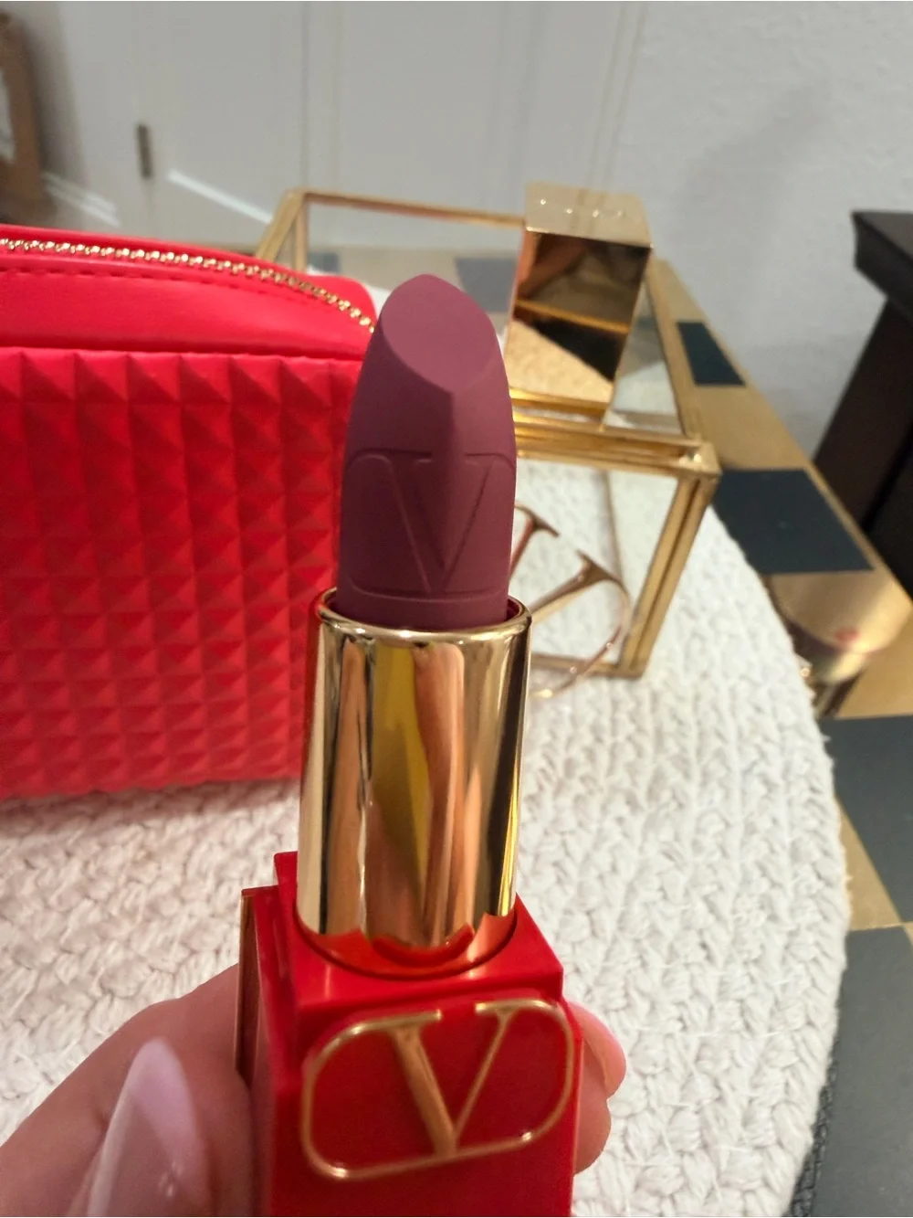 Valentino Beauty Neon Coral Makeup Pouch + Rosso Valentino Matte Lipstick Bundle